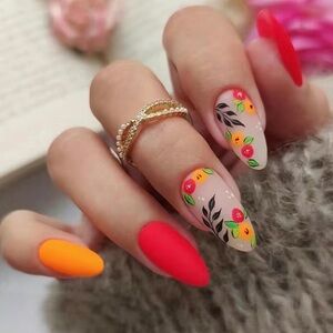 Acrylic Medium Almond Tip Floral Leaf Bright Orange Manicure Nails Professional